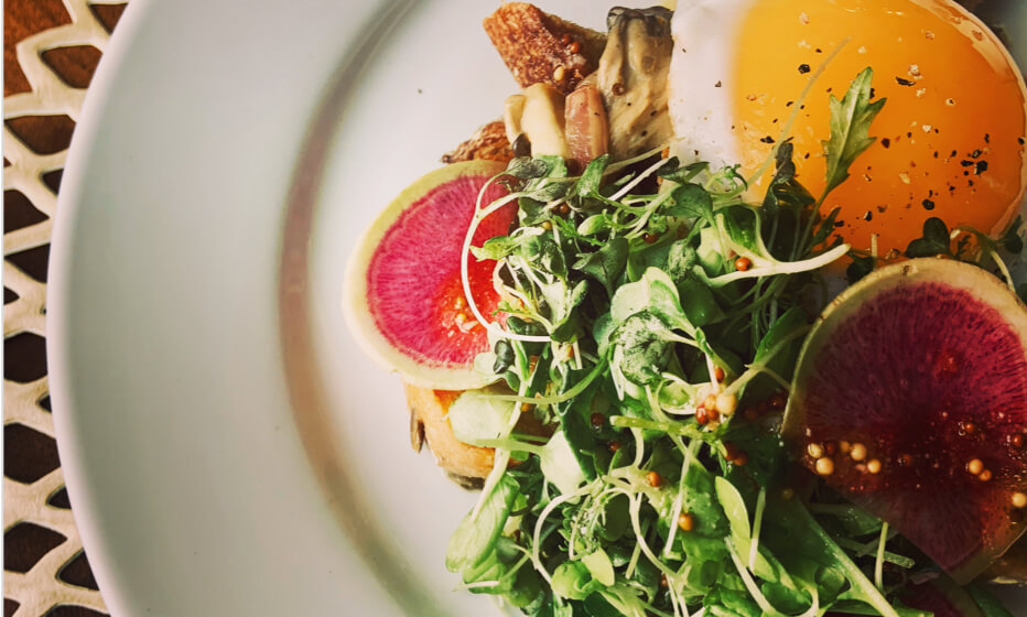 Overhead view of a plated brunch dish with poached egg, greens, and watermelon radish